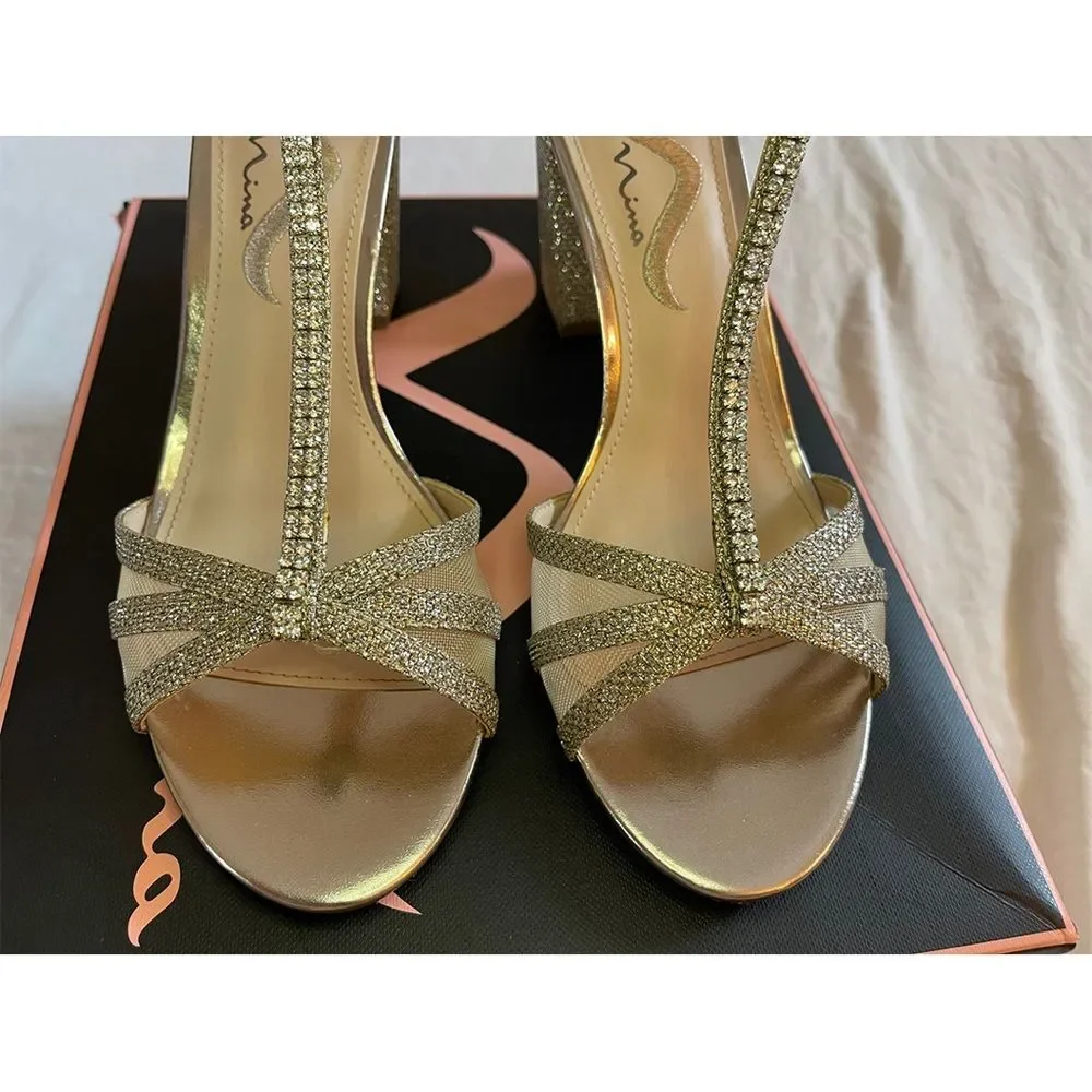 Nina Haviva Rhinestone T-Strap Heels | Gold | Size 8.5